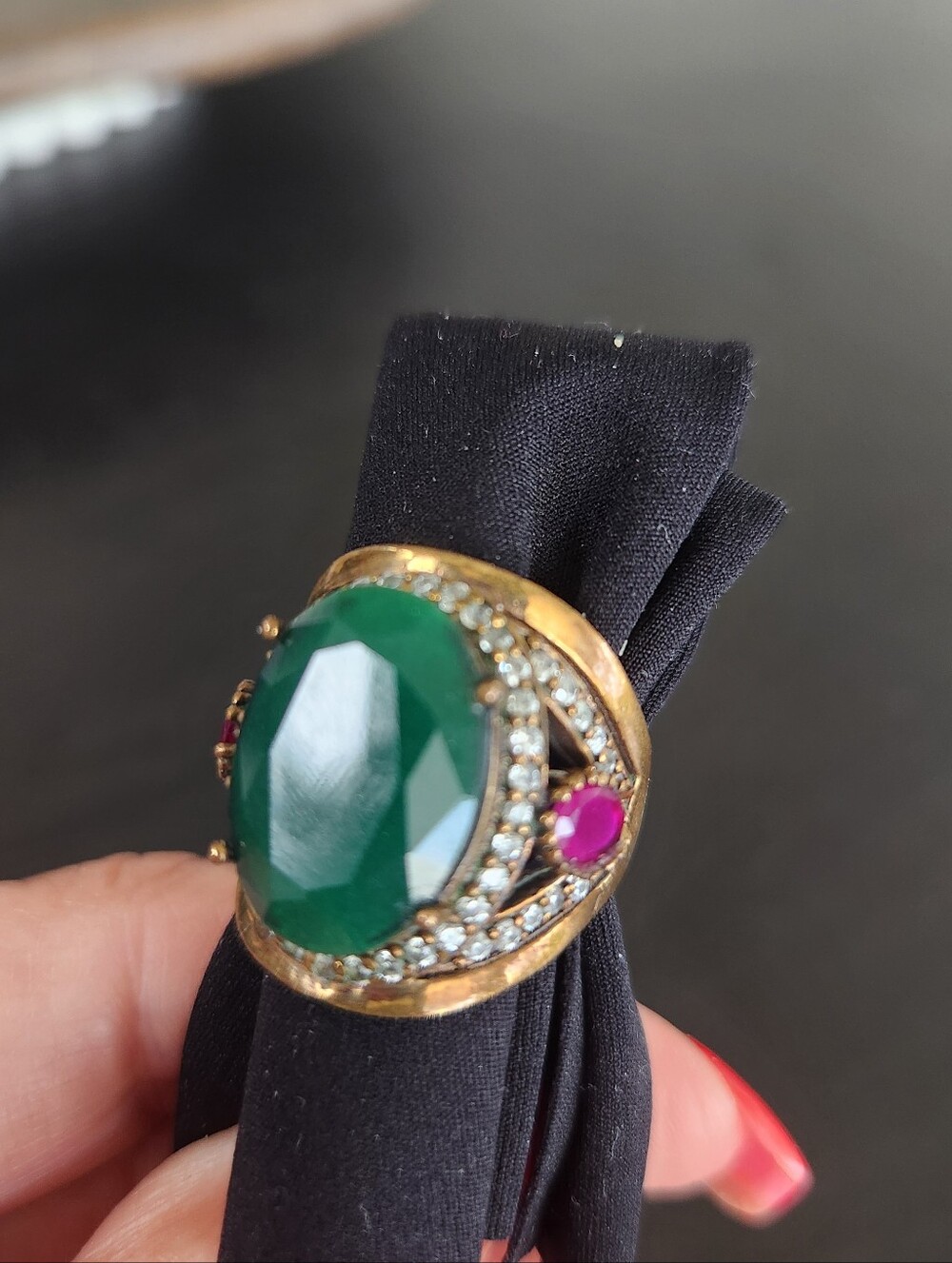 Vintage look Large Green ,Ruby like and CZ stone ring